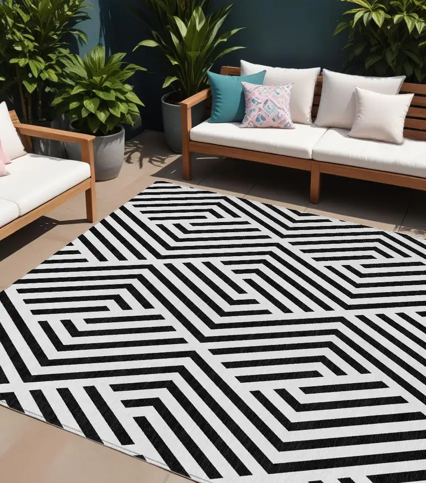 Black and White Geometric Washable Non Skid Indoor Outdoor Area Rug Photo 1