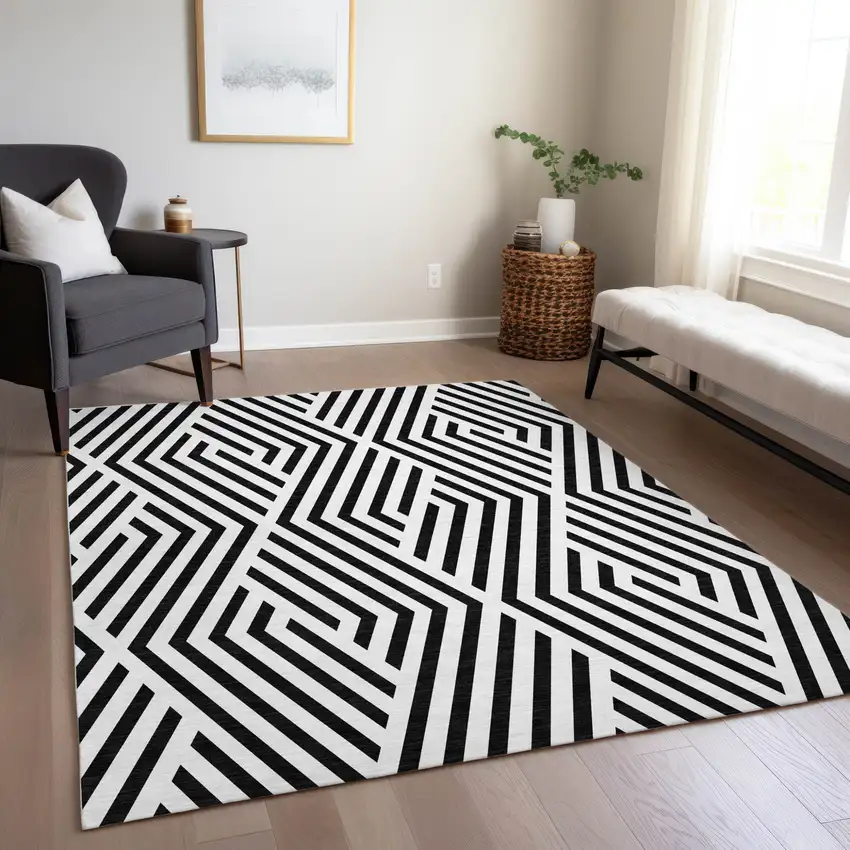 Black and White Geometric Washable Non Skid Indoor Outdoor Area Rug Photo 9
