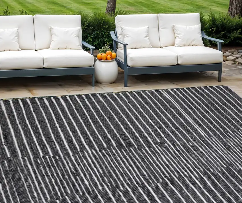 Black and White Striped Hand Woven Area Rug With Fringe Photo 1