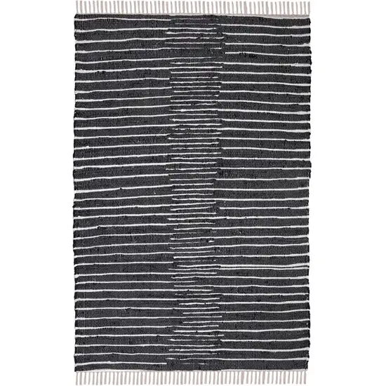 Black and White Striped Hand Woven Area Rug With Fringe Photo 2
