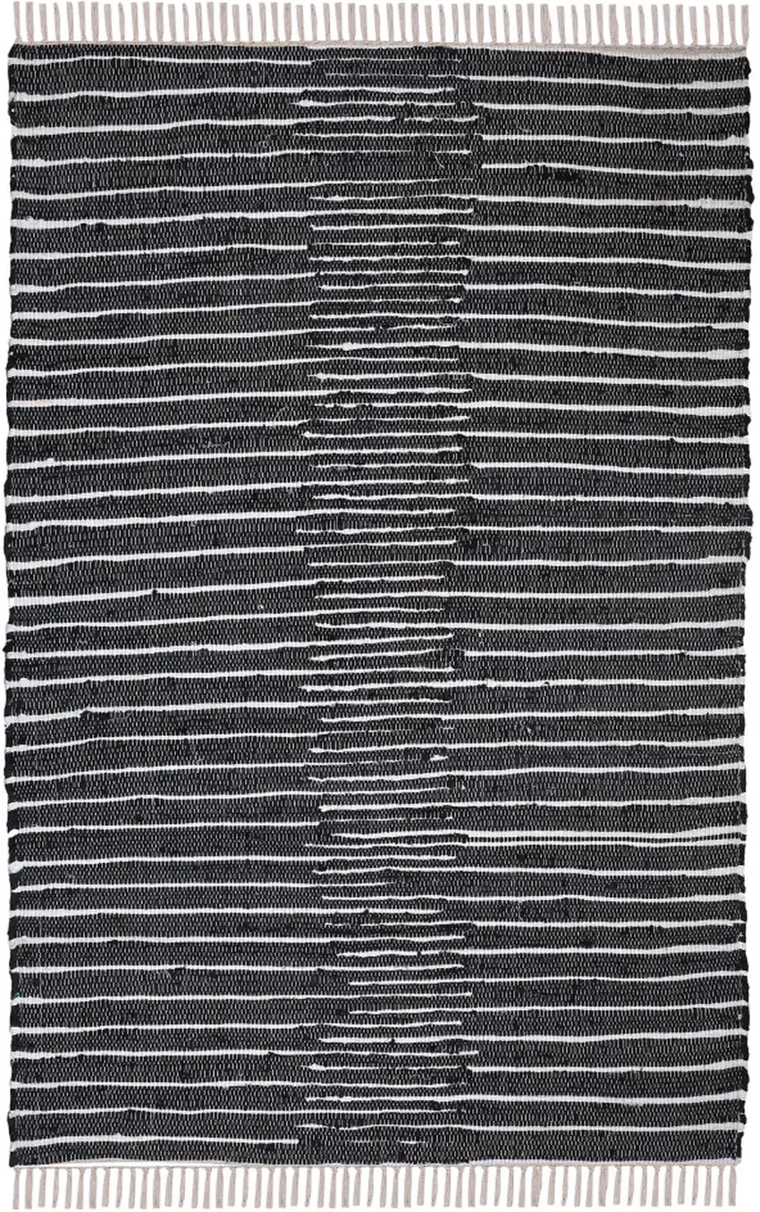 Black and White Striped Hand Woven Area Rug With Fringe Photo 2