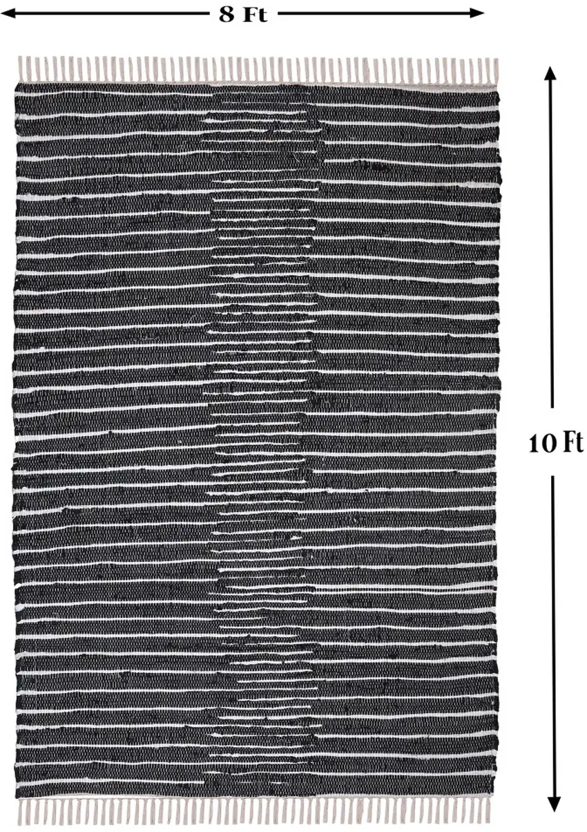 Black and White Striped Hand Woven Area Rug With Fringe Photo 8