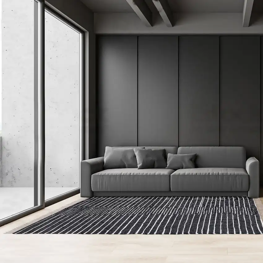 Black and White Striped Hand Woven Area Rug With Fringe Photo 6