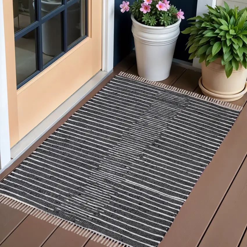 Black and White Striped Handmade Indoor Outdoor Area Rug Photo 1
