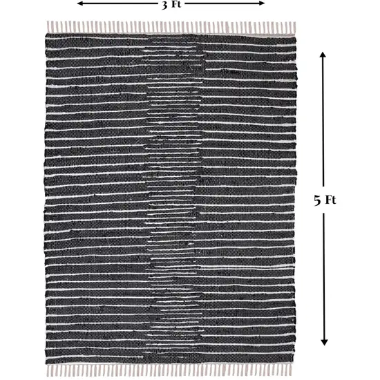 Black and White Striped Handmade Indoor Outdoor Area Rug Photo 7