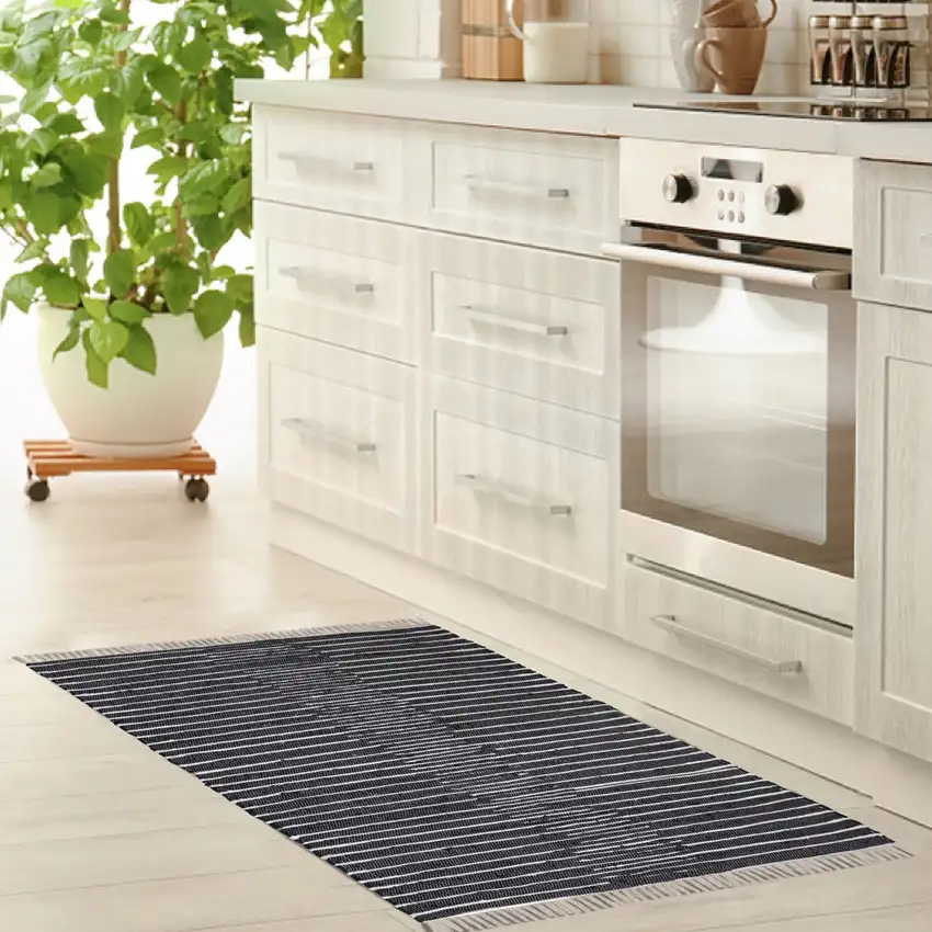 Black and White Striped Handmade Indoor Outdoor Area Rug Photo 6