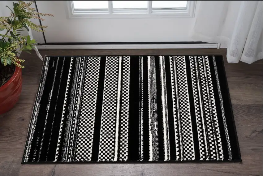 Black and White Striped Power Loom Area Rug Photo 1