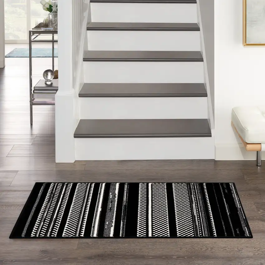 Black and White Striped Power Loom Area Rug Photo 9