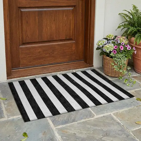 Black and White Striped Washable Indoor Outdoor Area Rug Photo 1