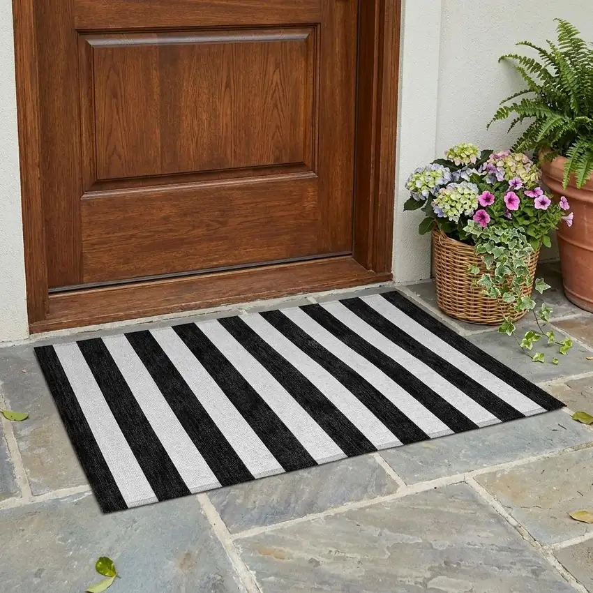 Black and White Striped Washable Indoor Outdoor Area Rug Photo 1