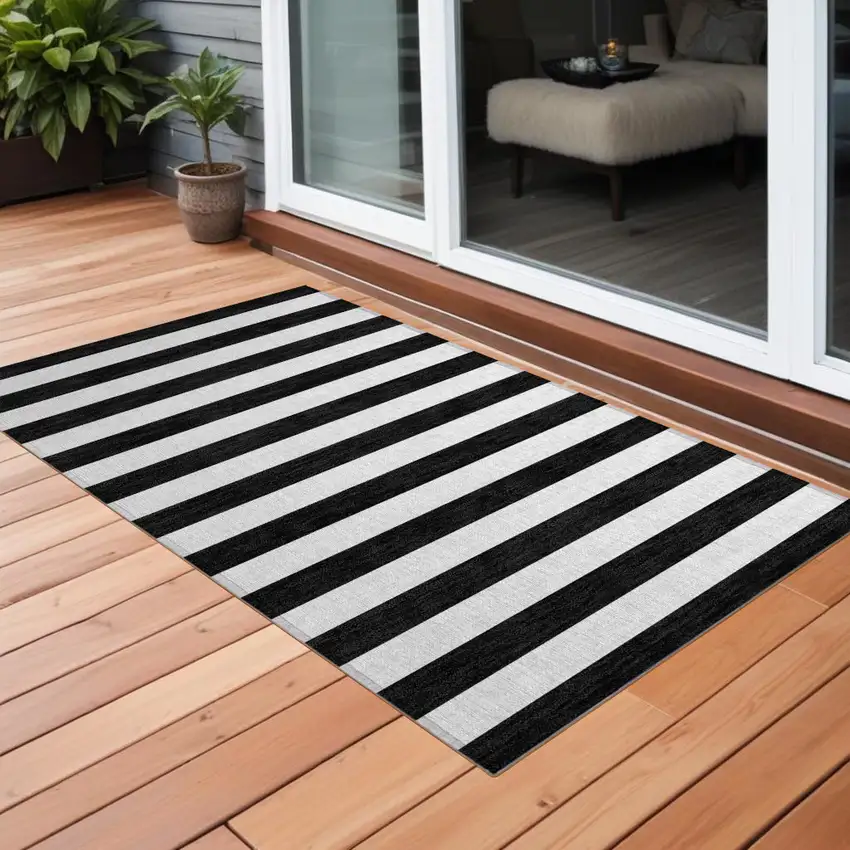 Black and White Striped Washable Indoor Outdoor Area Rug Photo 1