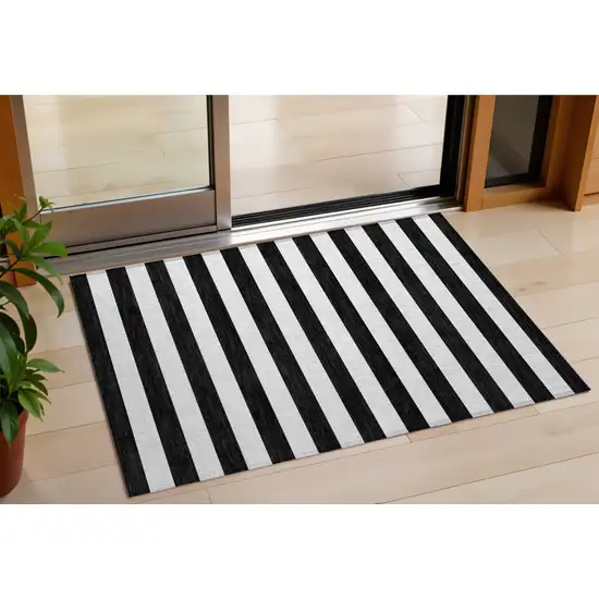 Black and White Striped Washable Indoor Outdoor Area Rug Photo 1