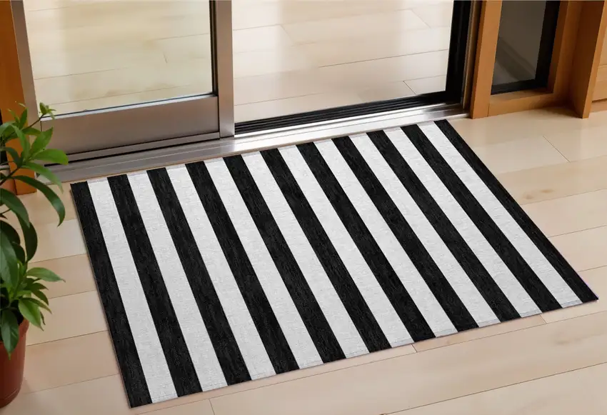 Black and White Striped Washable Indoor Outdoor Area Rug Photo 1