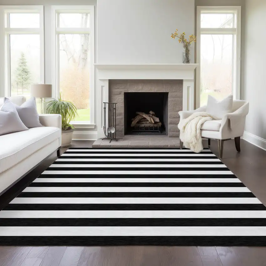 Black and White Striped Washable Non Skid Indoor Outdoor Area Rug Photo 9