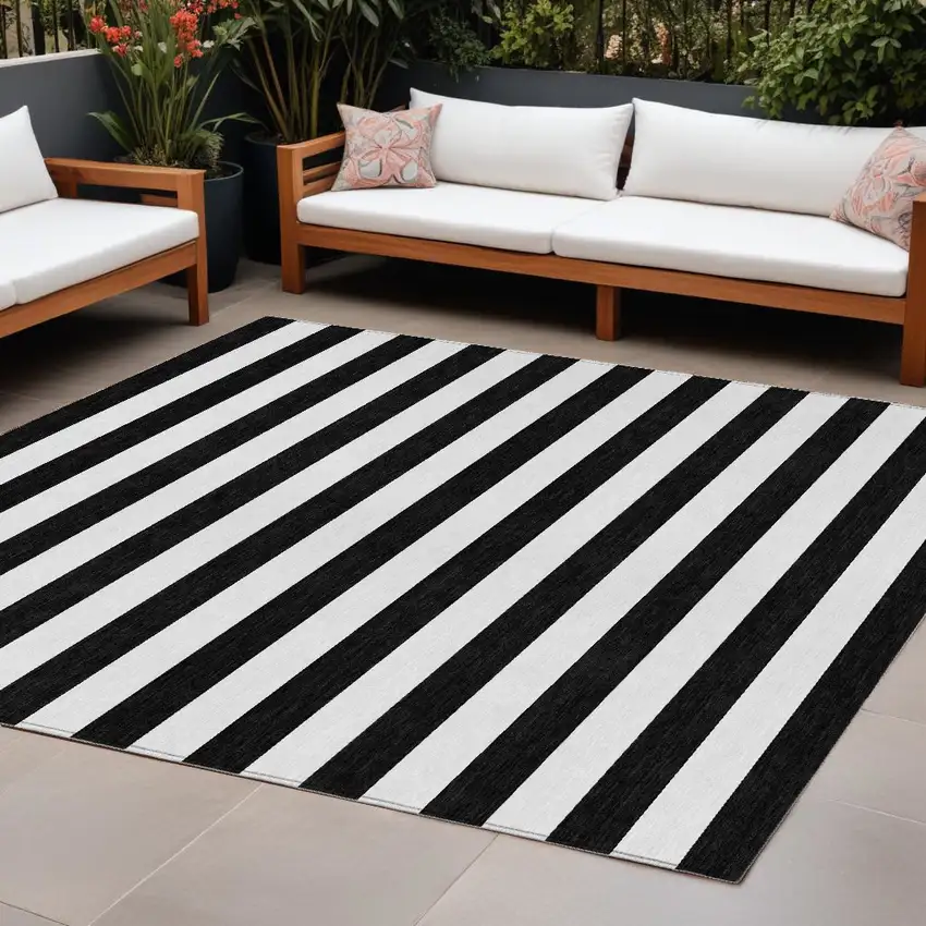 Black and White Striped Washable Non Skid Indoor Outdoor Area Rug Photo 1