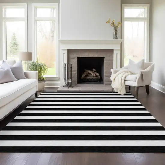Black and White Striped Washable Non Skid Indoor Outdoor Area Rug Photo 9