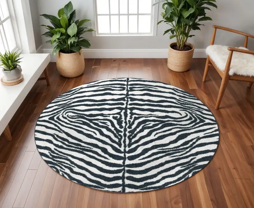 8' X 8' Black and White Zebra Print Round Shag Handmade Non Skid Area Rug Photo 1