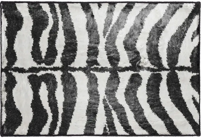 Black and White Zebra Print Shag Handmade Non Skid Area Rug Photo 5