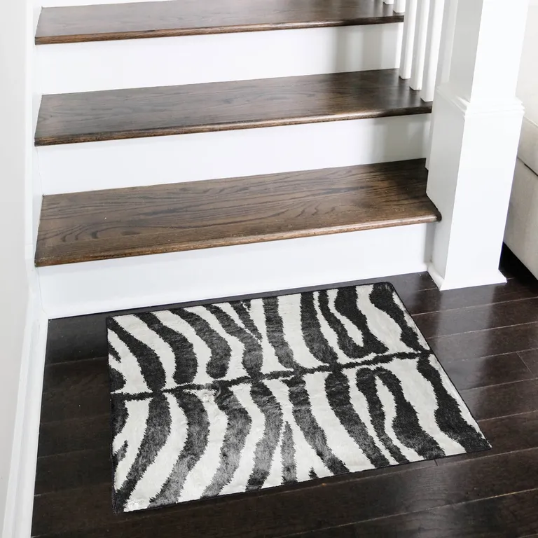 Black and White Zebra Print Shag Handmade Non Skid Area Rug Photo 1
