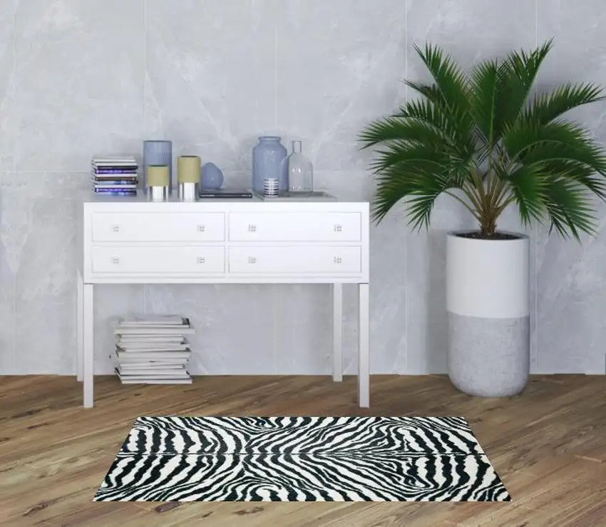 Black and White Zebra Print Shag Handmade Non Skid Area Rug Photo 2