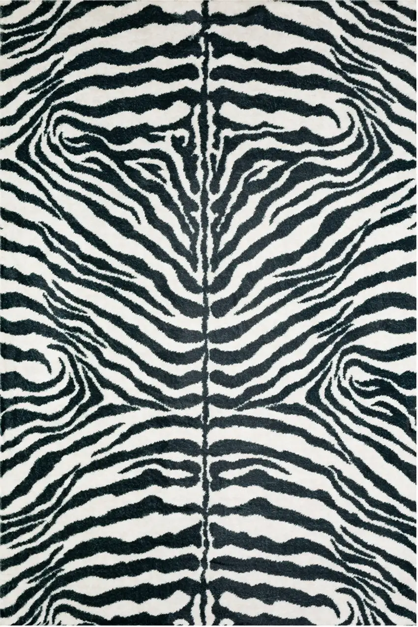 Black and White Zebra Print Shag Handmade Non Skid Area Rug Photo 5