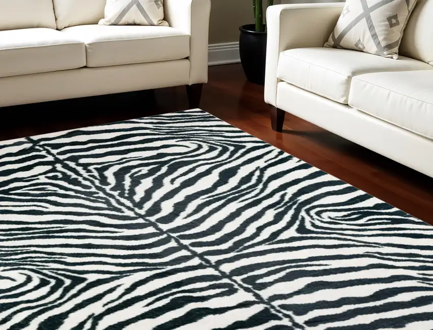 Black and White Zebra Print Shag Handmade Non Skid Area Rug Photo 1