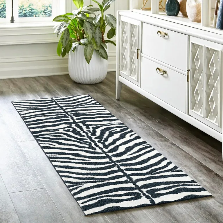 Black and White Zebra Print Shag Handmade Non Skid Runner Rug Photo 1