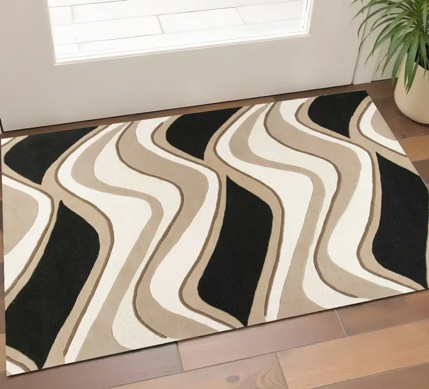 Beige And Black Wool Abstract Hand Tufted Area Rug Photo 1