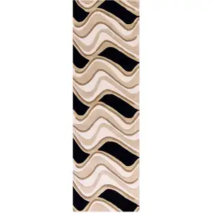 Photo of Black or Beige Abstract Waves Wool Runner Rug