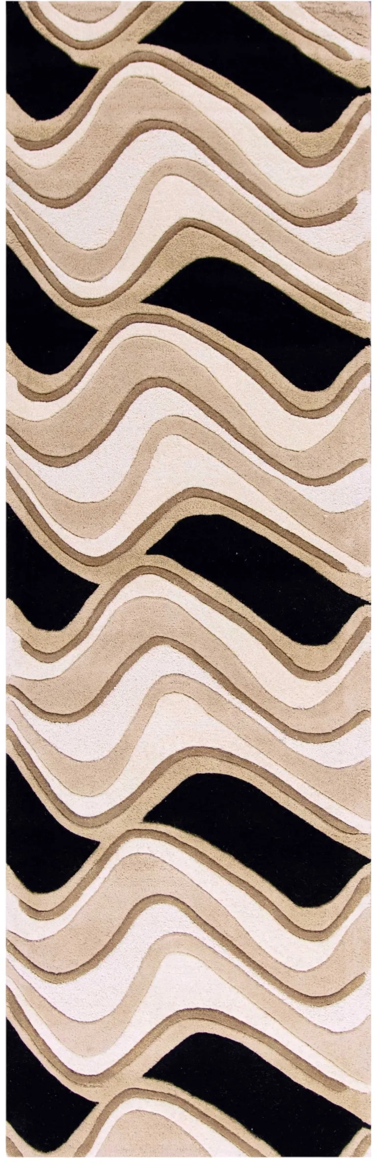 Black or Beige Abstract Waves Wool Runner Rug Photo 1
