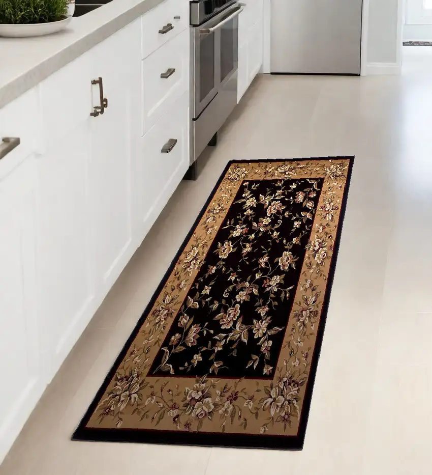 2' X 8' Black Or Beige Floral Runner Rug Photo 1