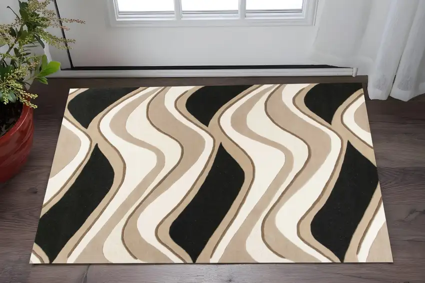 Black And Beige Wool Abstract Hand Tufted Area Rug Photo 1