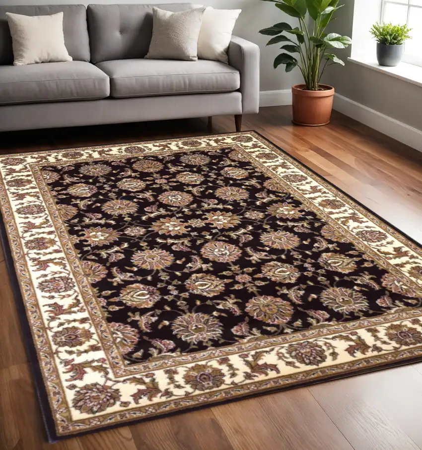 Black Ivory And Brown Floral Medallion Area Rug Photo 1
