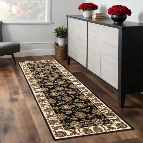 8' Black Ivory And Brown Floral Medallion Runner Rug Photo 1