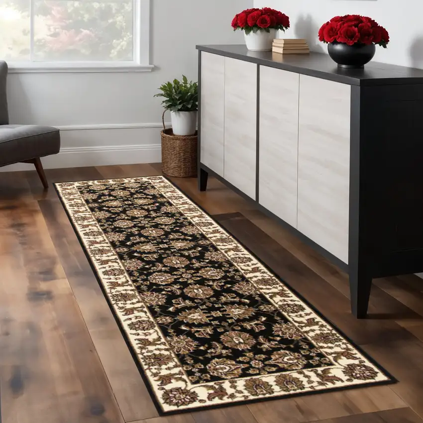 8' Black Ivory And Brown Floral Medallion Runner Rug Photo 1