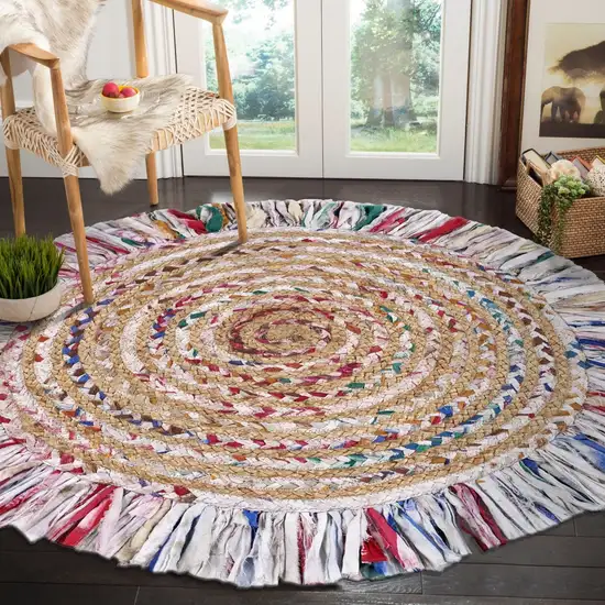 Bleached Multicolored Chindi and Natural Jute Fringed Round Rug Photo 2