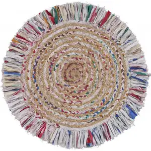 Photo of Bleached Multicolored Chindi and Natural Jute Fringed Round Rug