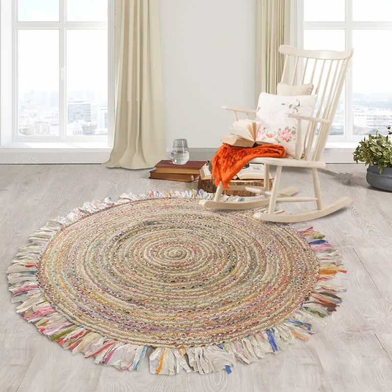 Bleached Multicolored Chindi and Natural Jute Fringed Round Rug Photo 3