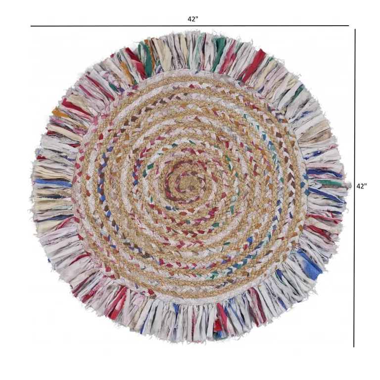 Bleached Multicolored Chindi and Natural Jute Fringed Round Rug Photo 4