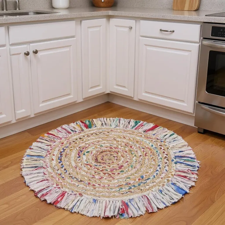 Bleached Multicolored Chindi and Natural Jute Fringed Round Rug Photo 4