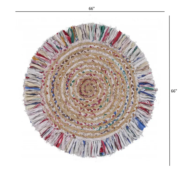 Bleached Multicolored Chindi and Natural Jute Fringed Round Rug Photo 4