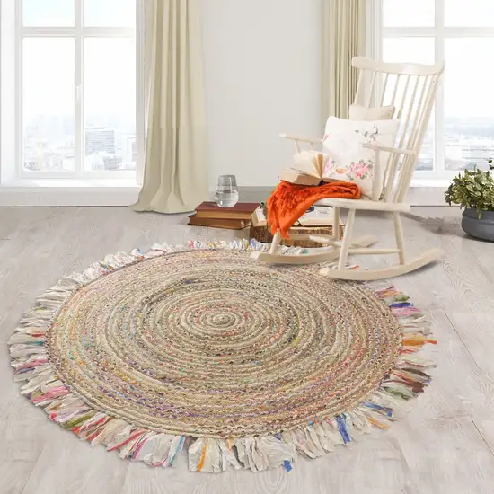 Bleached Multicolored Chindi and Natural Jute Fringed Round Rug Photo 3