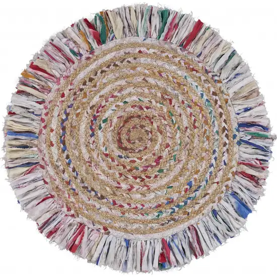 Bleached Multicolored Chindi and Natural Jute Fringed Round Rug Photo 1