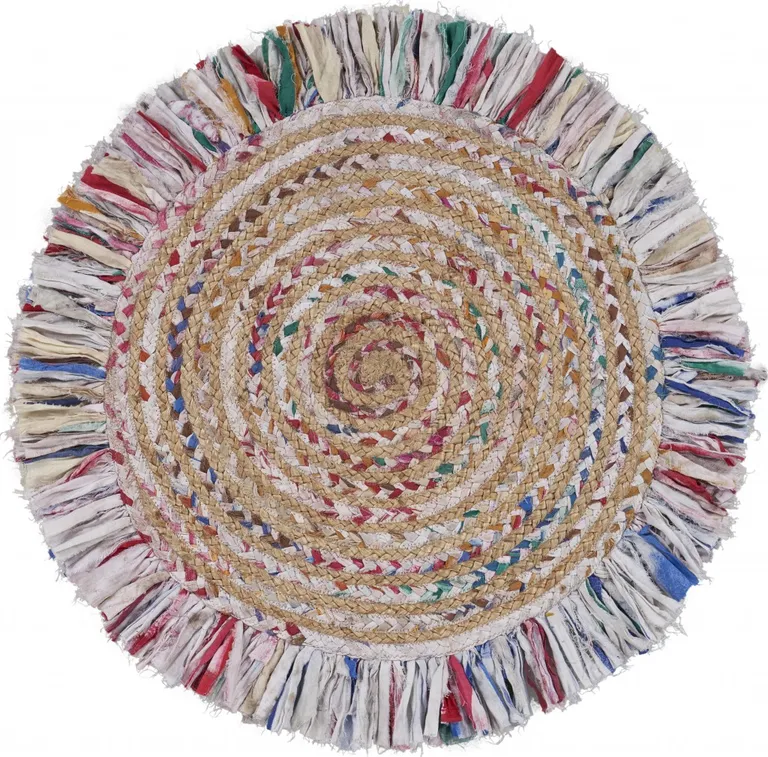 Bleached Multicolored Chindi and Natural Jute Fringed Round Rug Photo 1