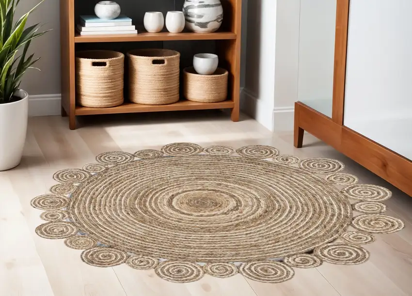 Beige Jute Abstract Geometric Hand Braided Area Rug Photo 1