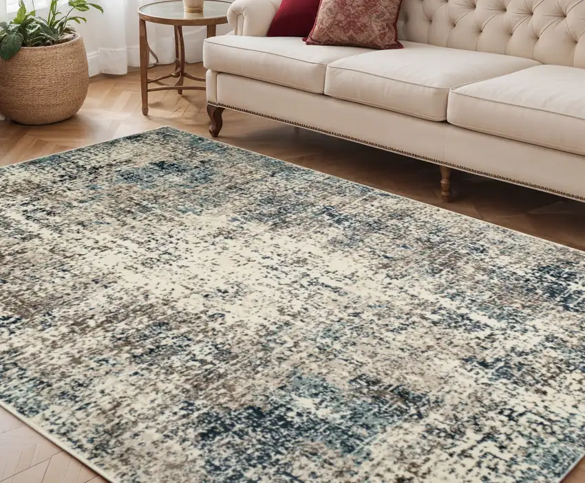 Ivory Blue and Gray Abstract Power Loom Area Rug Photo 1
