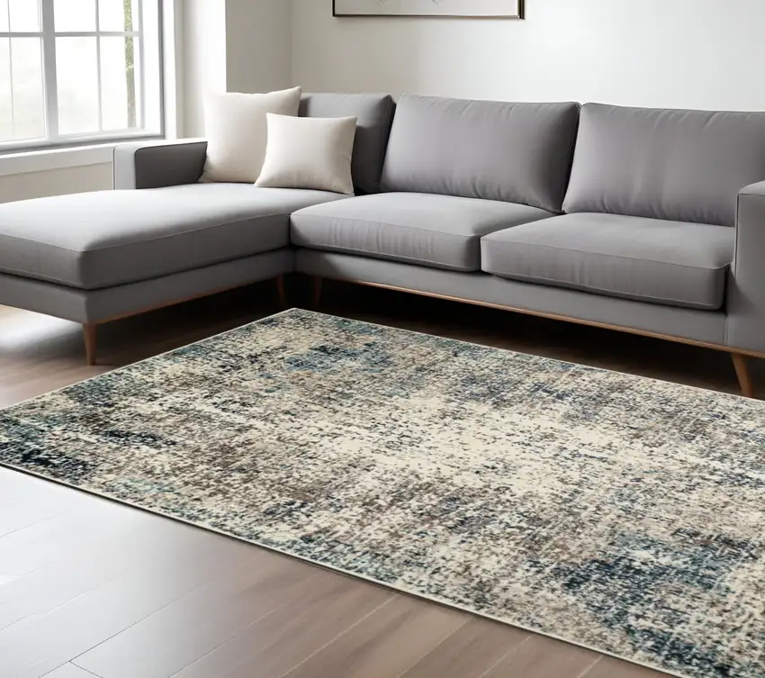 Ivory Blue and Gray Abstract Power Loom Area Rug Photo 1