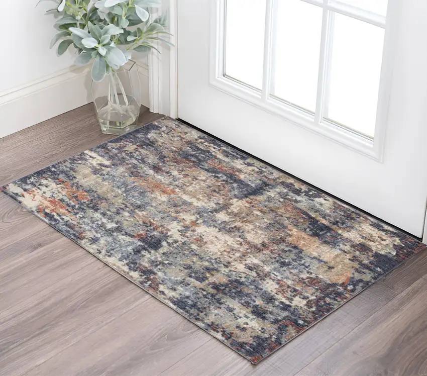 Ivory Navy and Orange Abstract Power Loom Area Rug Photo 1