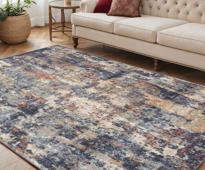 Ivory Navy and Orange Abstract Power Loom Area Rug Photo 1