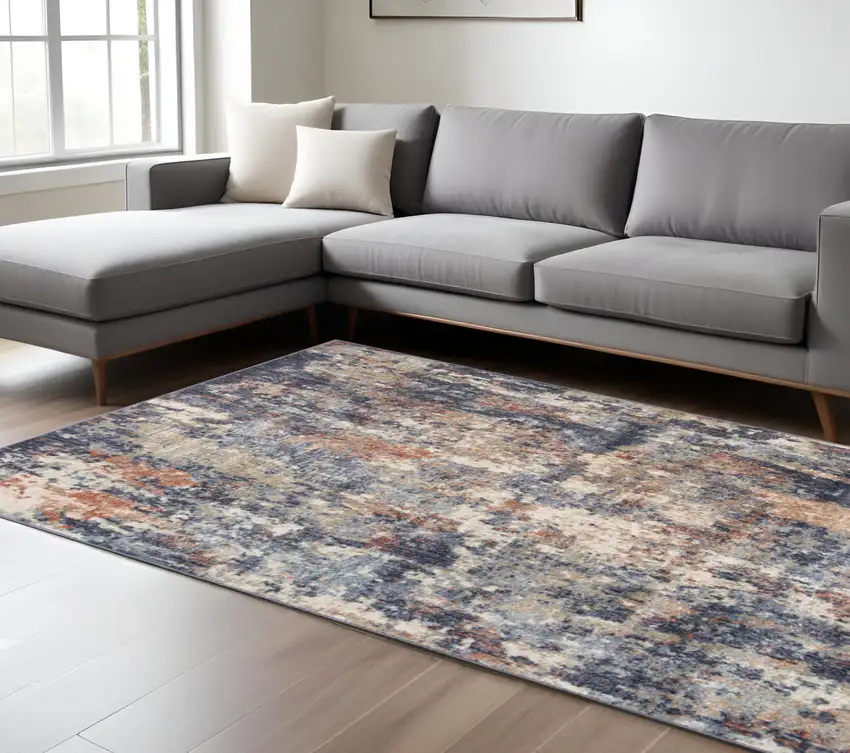 Ivory Navy and Orange Abstract Power Loom Area Rug Photo 1